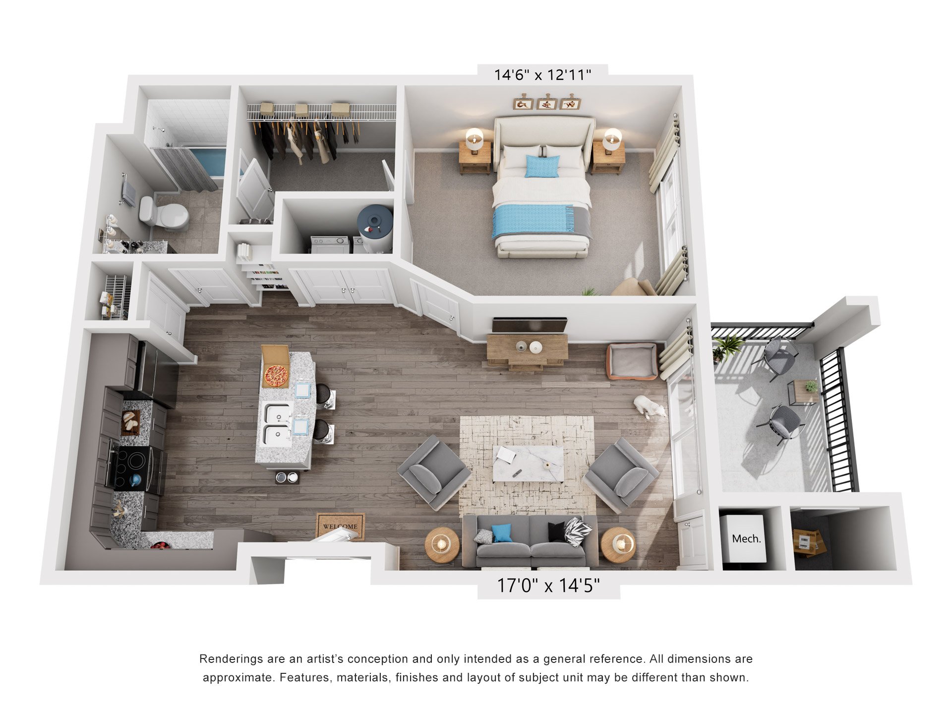 Floor plan for 1 bed, 1 bath, 701 sqft
